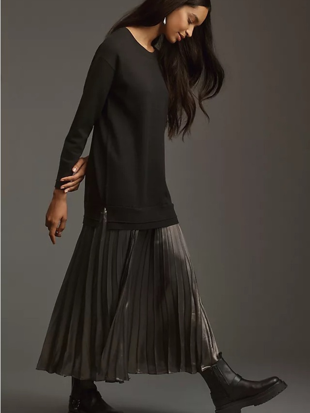 Anthropologie Long Sleeve Pleated Twofer Sweater Dress in Black / Silver - S